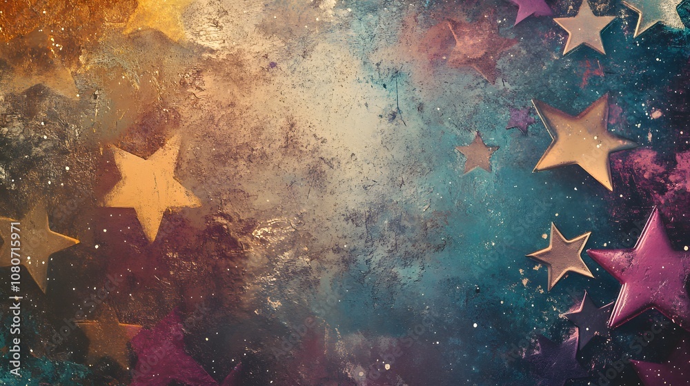 Poster an abstract digital art piece with layered star elements in a combination of soft pastels and metall
