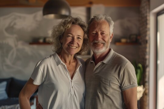 Portrait of a blissful couple in their 50s wearing a sporty polo shirt in modern minimalist interior