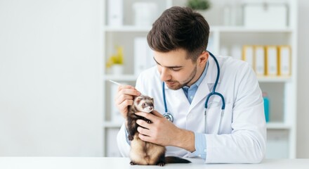 Veterinarian examines ferret in clinic with stethoscope and medical tools