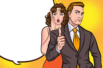 people whispering gossip or business secret to friend surprised In Retro Vintage Pop Art Comic Style
