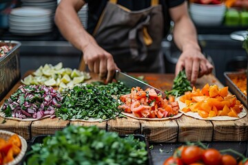 A chef skillfully chops fresh tomatoes and herbs at a market stall, surrounded by colorful vegetables and ingredients, enticing patrons with the vibrant colors and flavors