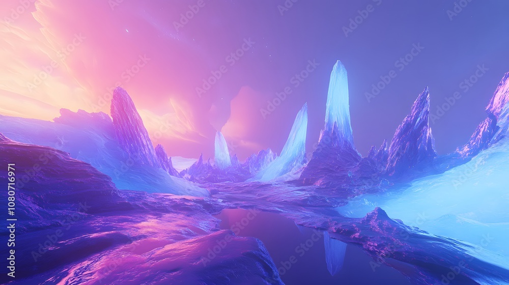 Poster a hyper-futuristic digital landscape with abstract, glowing structures reaching toward a gradient sk