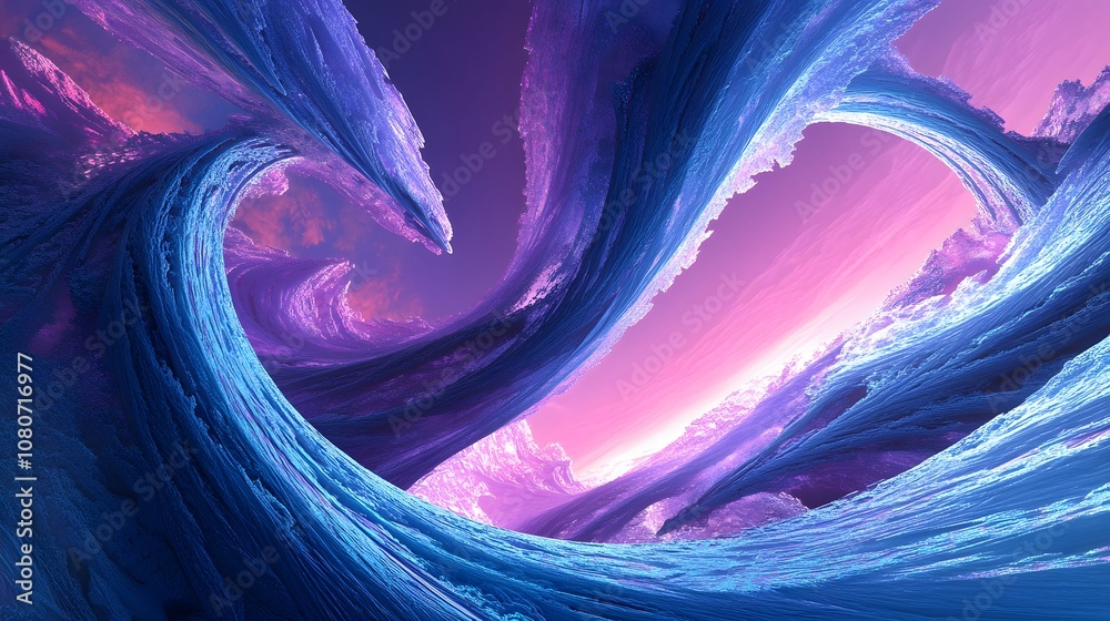 Poster a hyper-futuristic digital landscape with abstract, glowing structures reaching toward a gradient sk