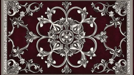 Fototapeta premium Ornate silver floral pattern on dark red background with intricate vintage details