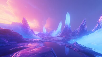 A hyper-futuristic digital landscape with abstract, glowing structures reaching toward a gradient sky, blending vibrant hues of blue and purple for a dreamlike effect. No text, no logo, wide angle