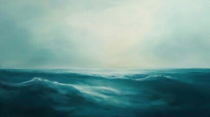 A serene view of gentle ocean waves beneath a soft, cloudy sky.