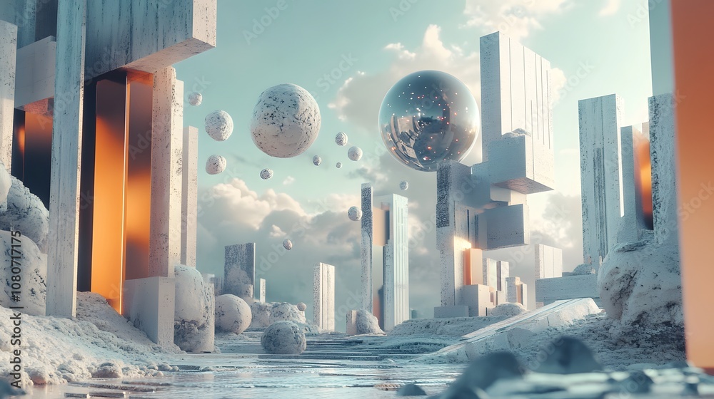 Poster a conceptual sci-fi background with abstract, geometric forms hovering over a textured, metallic lan