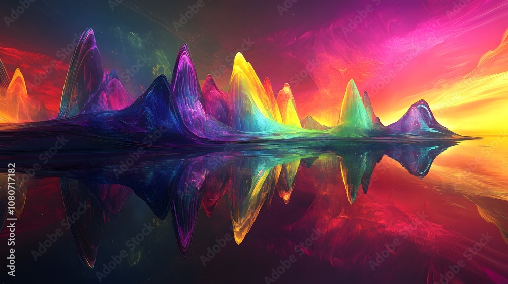 Poster a futuristic horizon with neon lights and abstract structures rising from a reflective surface, blen