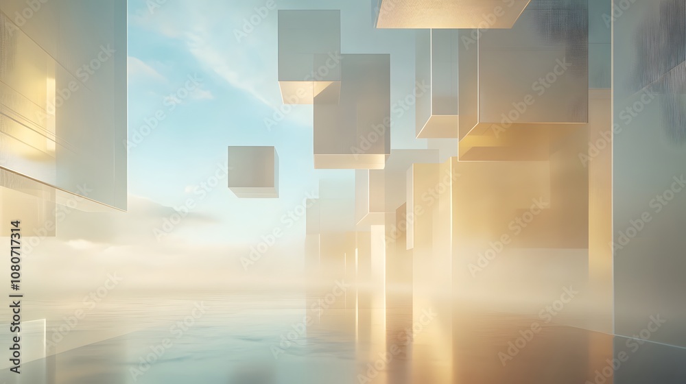Poster A high-tech scene of floating digital panels, arranged in layers and illuminated by soft, ethereal light, set against a dreamlike sci-fi background. No text, no logo, wide angle shot, 4k resolution,