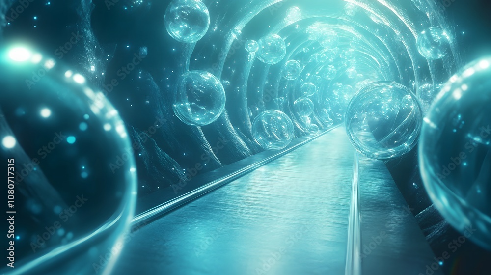 Poster a conceptual futuristic world with translucent pathways and glowing orbs, capturing a dreamlike sens