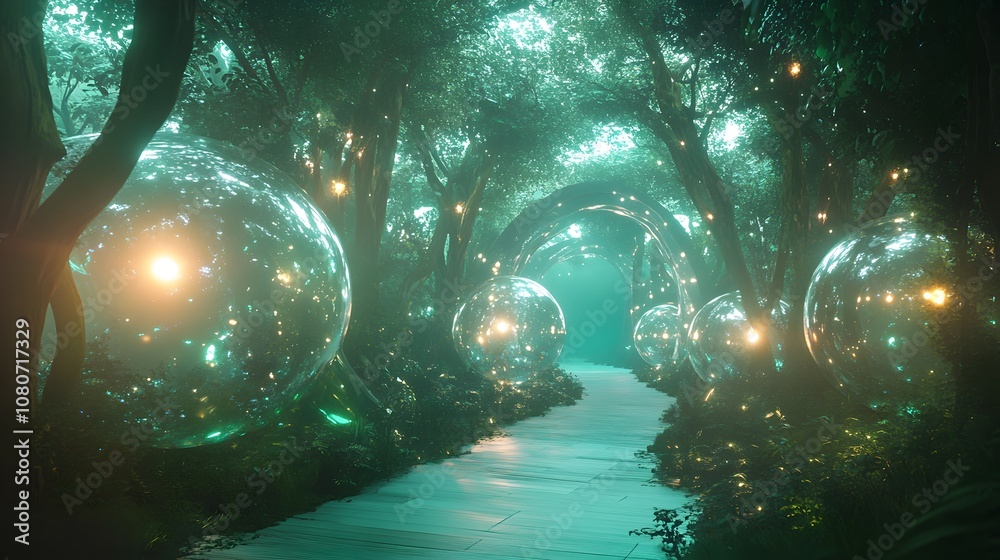 Poster a conceptual futuristic world with translucent pathways and glowing orbs, capturing a dreamlike sens