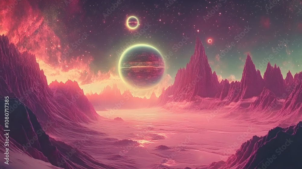 Poster a cosmic-inspired landscape with layered, floating shapes and holographic textures, creating a high-