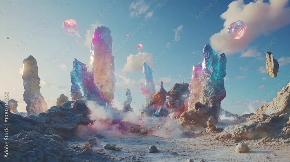 Aufkleber a cosmic-inspired landscape with layered, floating shapes and holographic textures, creating a high-