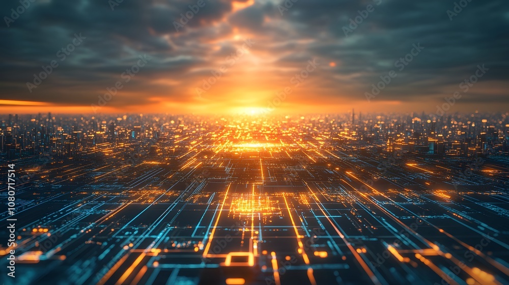Poster A high-tech digital landscape with complex geometric patterns, floating panels, and glowing pathways leading to an unknown horizon. No text, no logo, wide angle shot, 4k resolution, cinematic scene