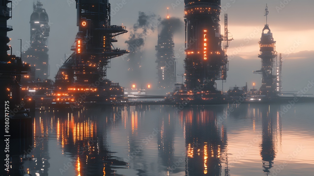 Poster a conceptual sci-fi scene with abstract, metallic towers and neon lights casting a soft glow over a 