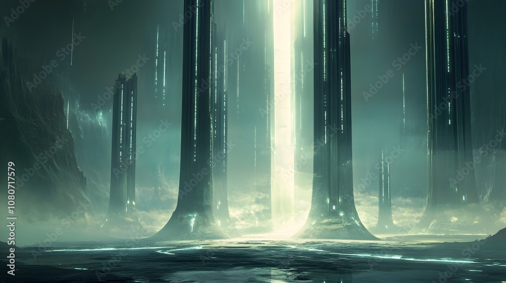 Poster a conceptual sci-fi scene with abstract, metallic towers and neon lights casting a soft glow over a 