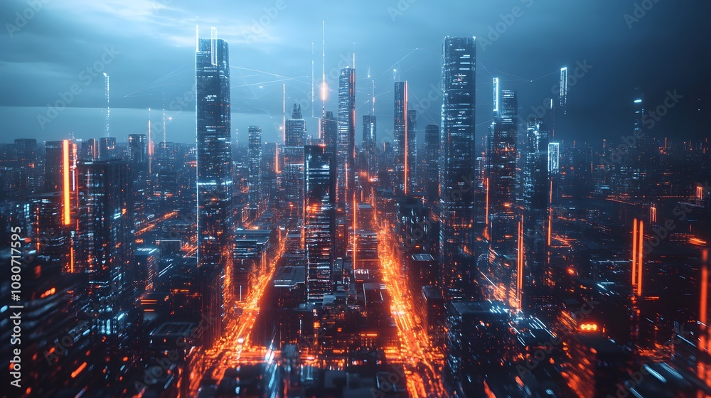 Poster a futuristic cityscape with intricate digital pathways, glowing edges, and layered textures, creatin