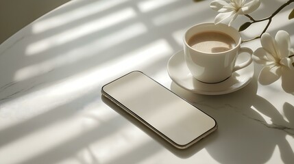 A serene scene featuring a smartphone and a cup of coffee on a table with soft sunlight and delicate flowers.
