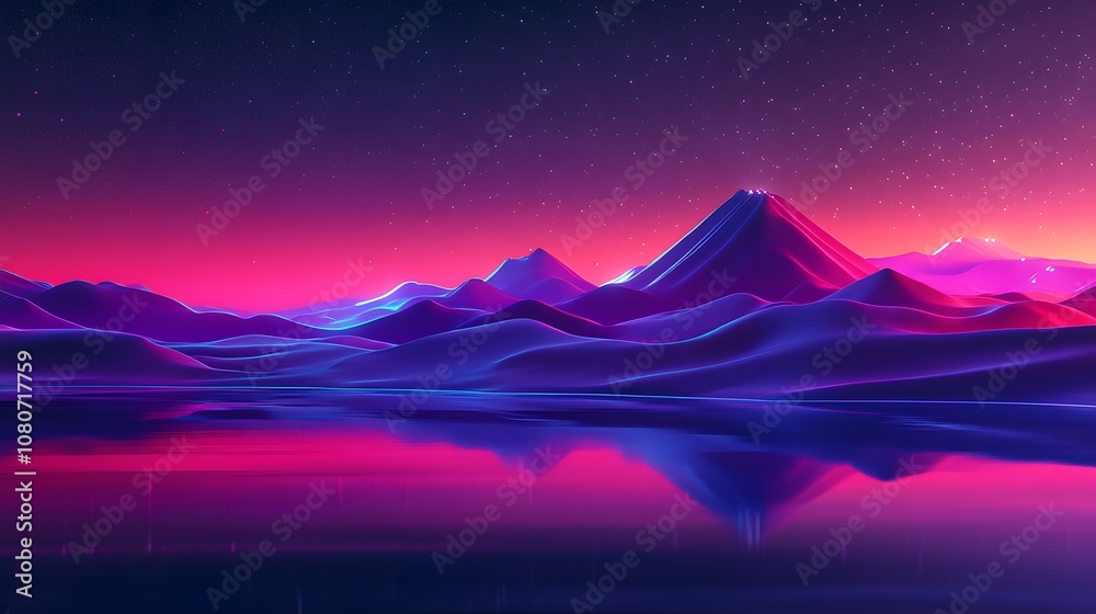 Poster a hyper-futuristic landscape with neon shapes and metallic textures, layered over a reflective surfa