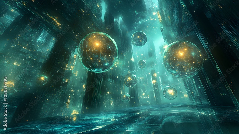 Poster a conceptual sci-fi composition with floating spheres and iridescent surfaces, set in a dreamlike, d