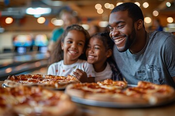 A father shares joyful moments with his two daughters at a restaurant, all smiling as they enjoy delicious pizza and the vibrant atmosphere around them