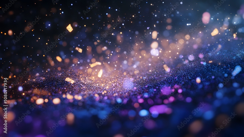 Poster a surreal digital background with abstract, metallic forms floating in a dark, starry landscape, cap