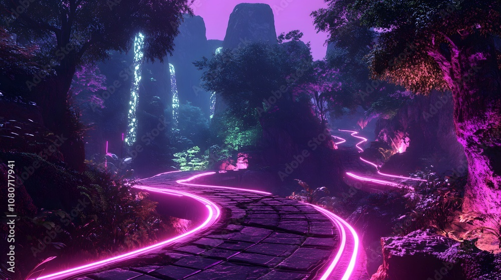 Poster a hyper-realistic digital landscape with neon pathways and reflective surfaces, blending conceptual 