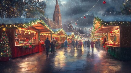 A festive Christmas market scene with colorful stalls and decorations, people walking through the rain on an overcast day