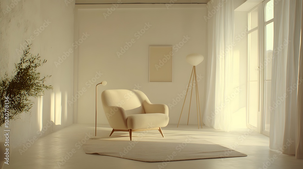 Poster a clean, open room with white walls and a soft beige armchair, accented by a floor lamp in a minimal