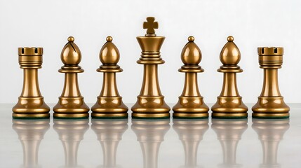 A set of golden chess pieces arranged in a row on a reflective surface.