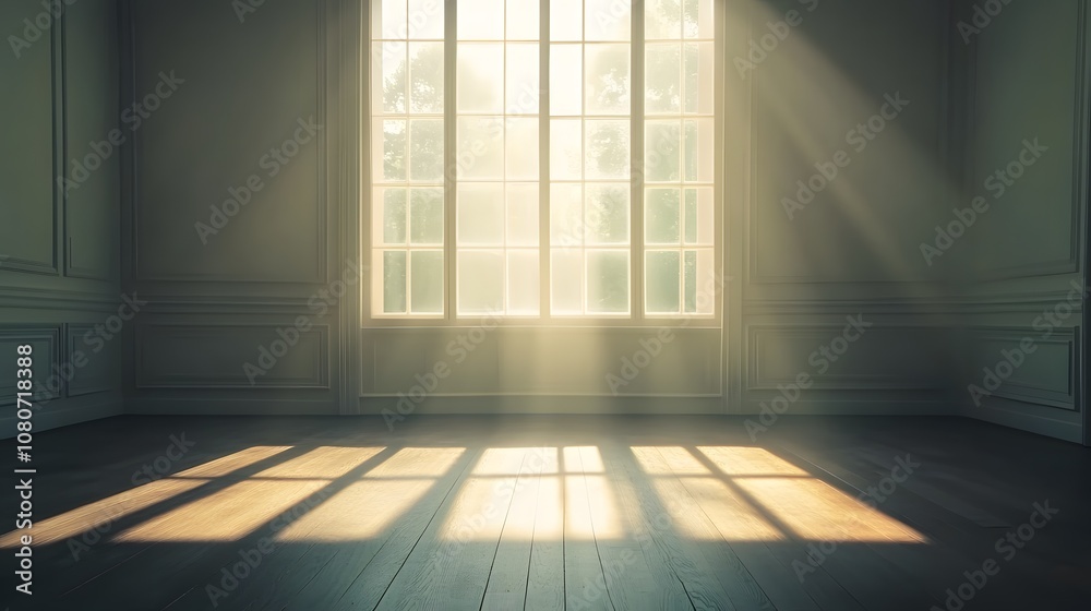 Poster a clean, empty room with natural light streaming in through a window, highlighting a simple wooden f