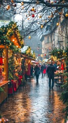 Obraz premium A festive Christmas market scene with colorful stalls and decorations, people walking through the rain on an overcast day
