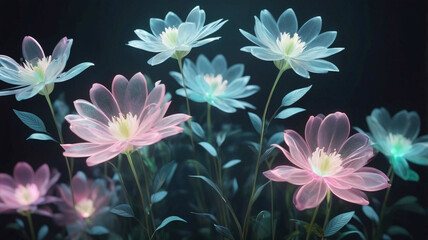 Fototapeta premium A 3D render of flowers made entirely from digital light, with petals that shift and glow in soft blues, pinks, and greens. The flowers should appear ethereal and translucent, standing against a dark 