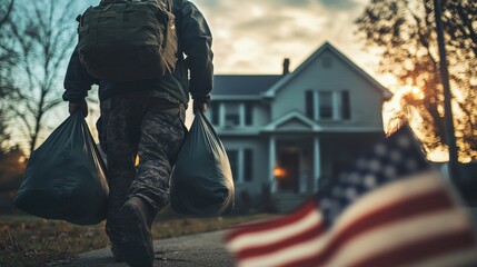 Returning soldier carrying duffel bag, approaching home with American flag in view, symbolizing patriotism, reunion, and resilience in a rural setting