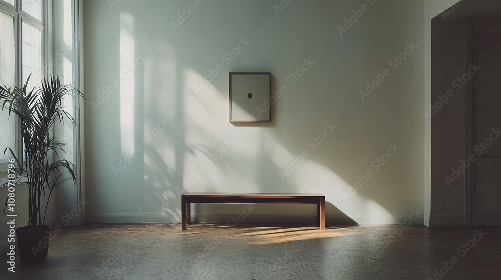 Poster a tidy entryway with a simple bench and a single piece of wall decor, capturing a minimalist, inviti