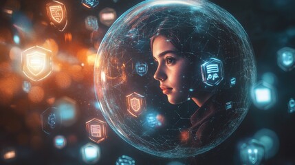Woman in digital sphere with futuristic interface and technology elements around.