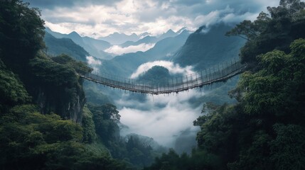 Fototapeta premium A breathtaking view of a suspension bridge over a misty valley surrounded by mountains.