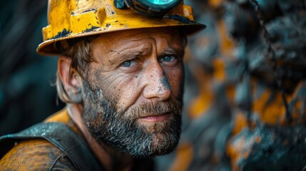 The coal miner, covered in dirt and wearing a protective helmet with a light, gazes intently while standing amidst rocky surroundings deep underground