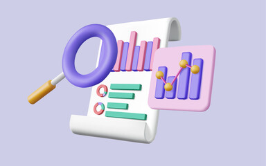 3d vector illustration of Clipboard checklist with magnifying and Dashboard and Business report chart, business financial audit, financial research report, SEO optimization. Data analysis concept