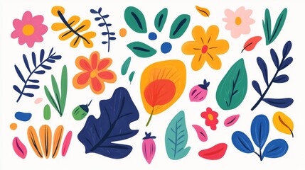 A lively arrangement showcases abstract shapes of flowers and leaves bursting with vibrant colors and inviting creativity for wall art or print decor.