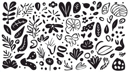 This design showcases a diverse collection of intricate botanical doodles featuring an array of abstract flower and leaf shapes perfect for adding a touch of nature inspired elegance to any space.