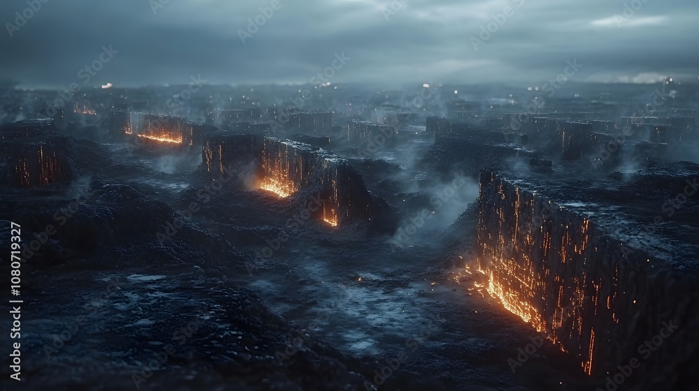 Poster A conceptual landscape of crumbling digital structures with glowing data streams, representing the fragile state of global economics in a futuristic dystopia. No text, no logo, wide angle shot, 4k