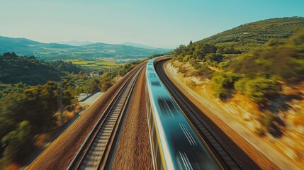 Train speeding through mountains