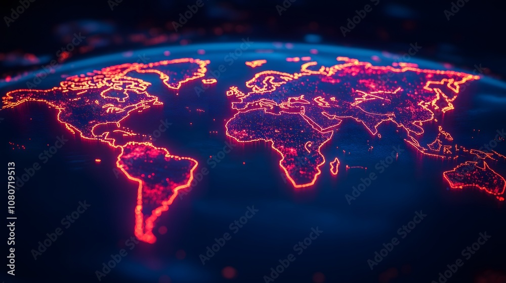 Poster A conceptual global map in neon lights, showing fragmented regions, visualizing the fragility of interconnected economies. No text, no logo, wide angle shot, 4k resolution, cinematic scene