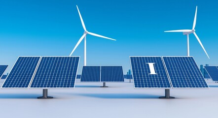 The image shows a concept of renewable energy solution with a solar power plant, a battery energy storage system, wind turbine farm, and a city in the background. It takes place in beautiful morning