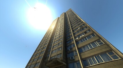Obraz premium A tall building reaching towards the blue sky, illuminated by the bright sun, showcasing its modern architecture.