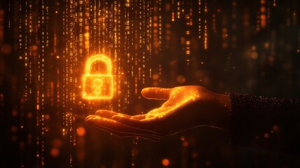 A hand holding a glowing lock symbolizing data security amidst digital code streams.