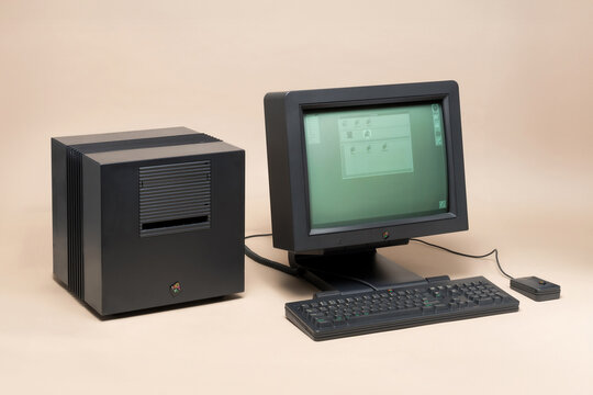 Pavia, Lombardy, Italy - October 12, 2024 : Next Cube workstation at Ctrl+Alt Museum. On a Next Cube (Jobs' post-Apple venture) Tim Berners Lee at Cern created the first web server