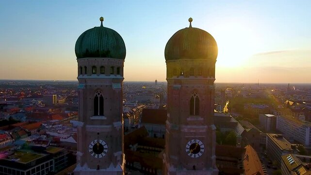 Aerial view of Munich City Germany at sunrise, Cathedral Church of Our Lady (Frauenkirche) in munich old town Marienplatz. Beautiful Munchen Skyline aerial view at morning. Munich skyline
