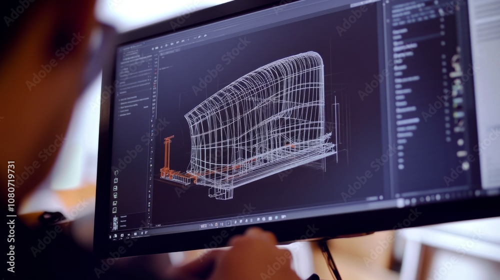 Poster close-up of a computer screen displaying a 3d cad model, with an engineer's hand adjusting the desig